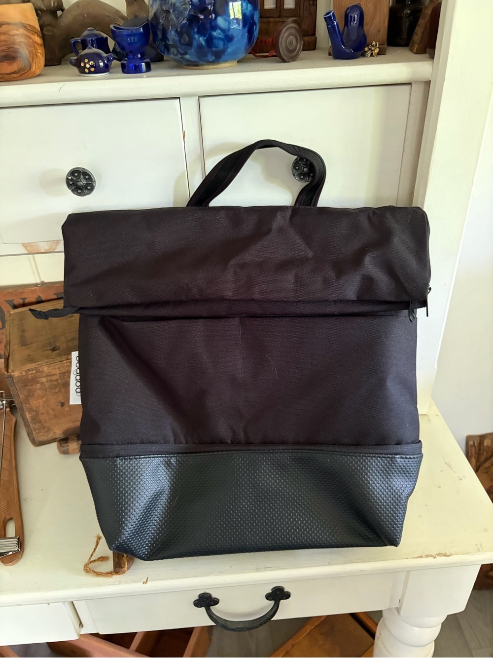 Black womens Roll-Top Tote Bag - Minimal Urban Design